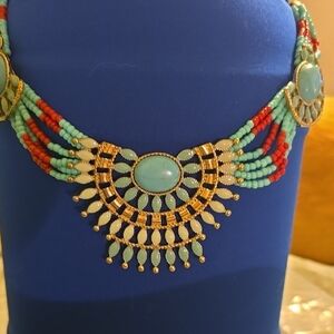Turquoise and Red Beaded Statement Necklace